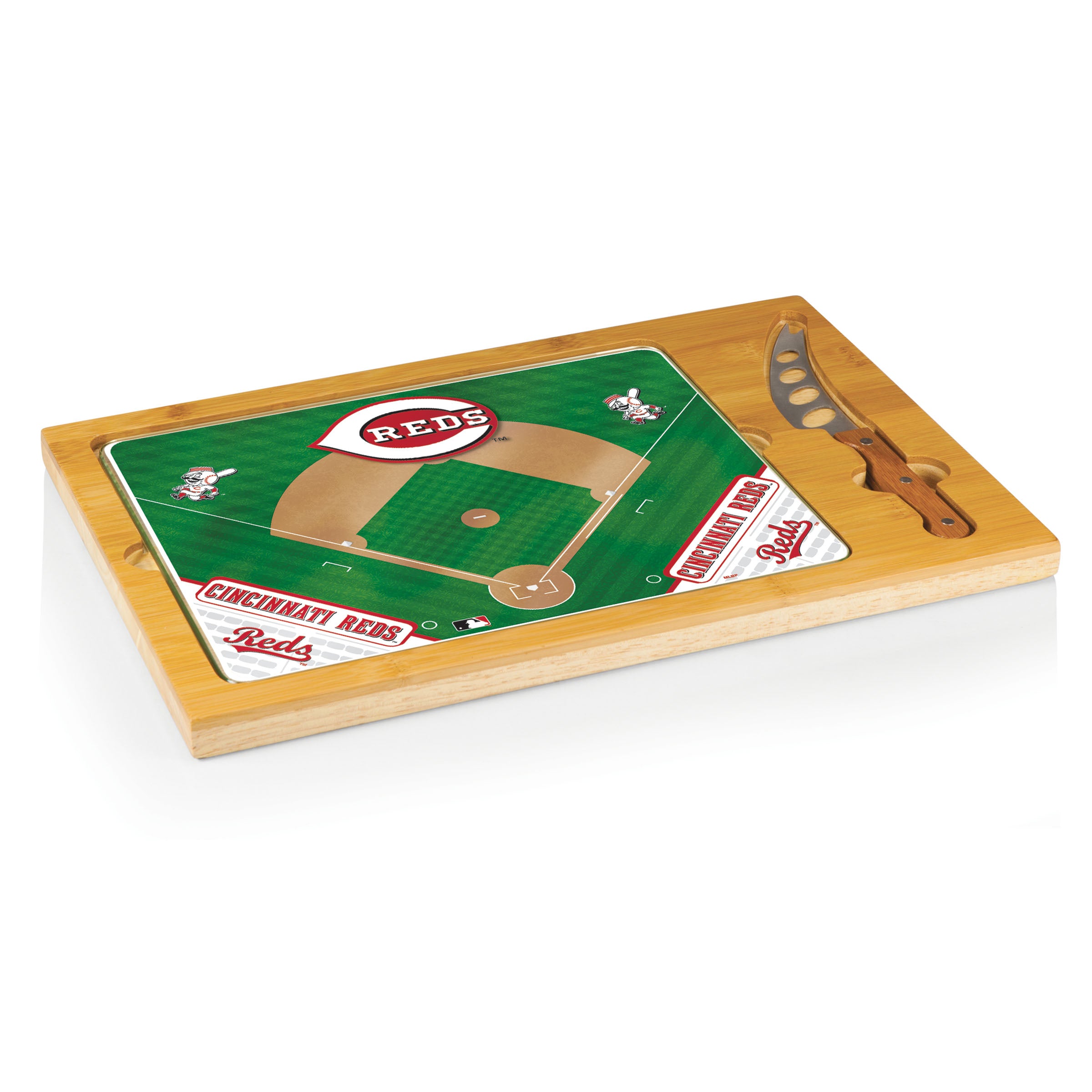 Cincinnati Reds Baseball Diamond - Icon Glass Top Cutting Board & Knife Set
