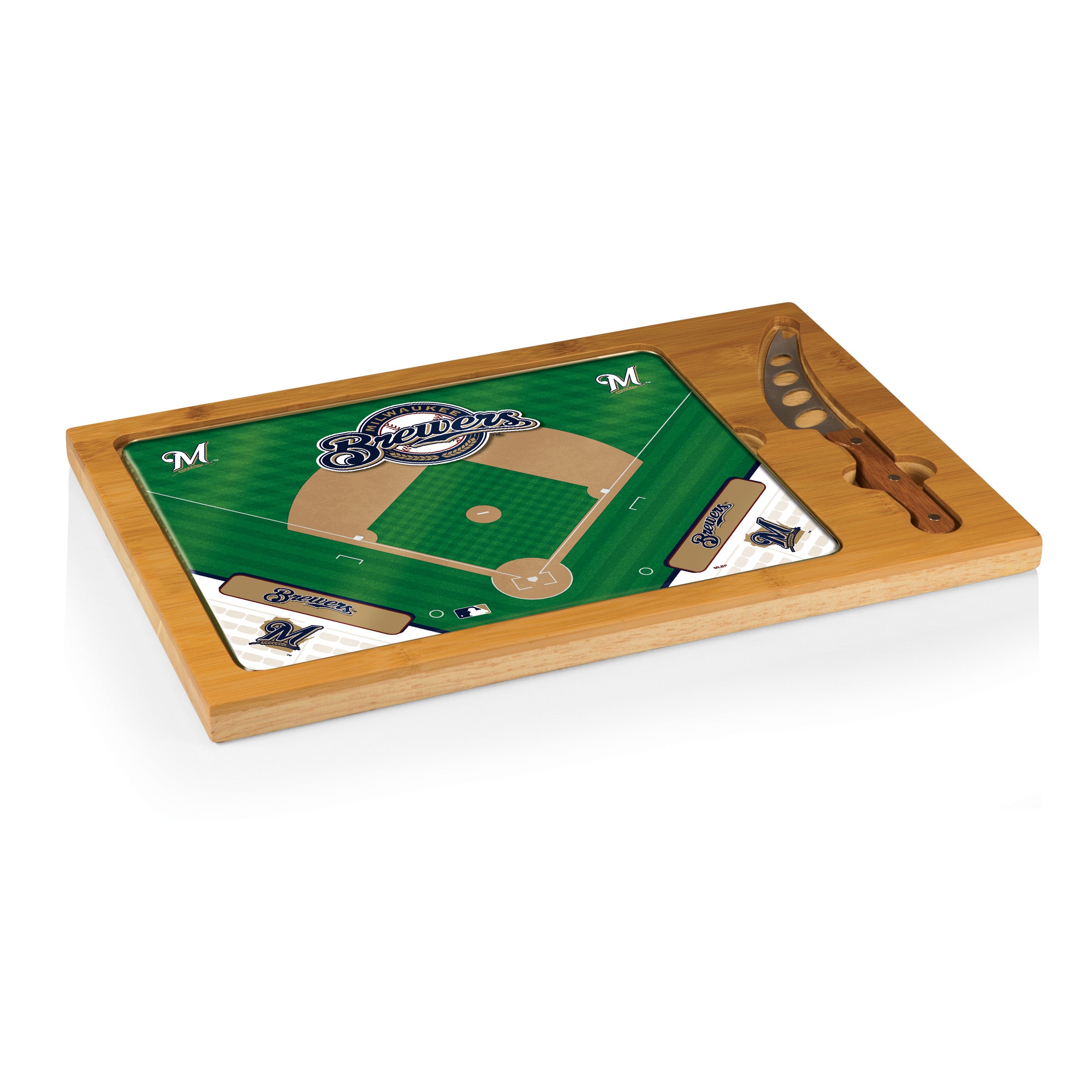 Milwaukee Brewers Baseball Diamond - Icon Glass Top Cutting Board & Knife Set