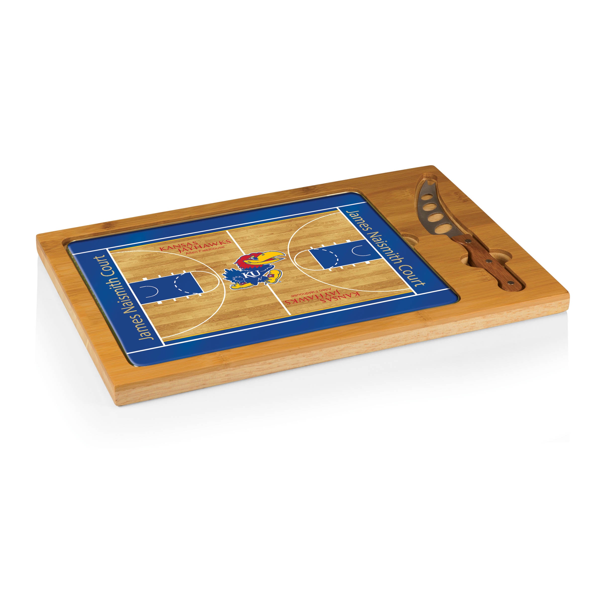 Kansas Jayhawks Basketball Court - Icon Glass Top Cutting Board & Knife Set