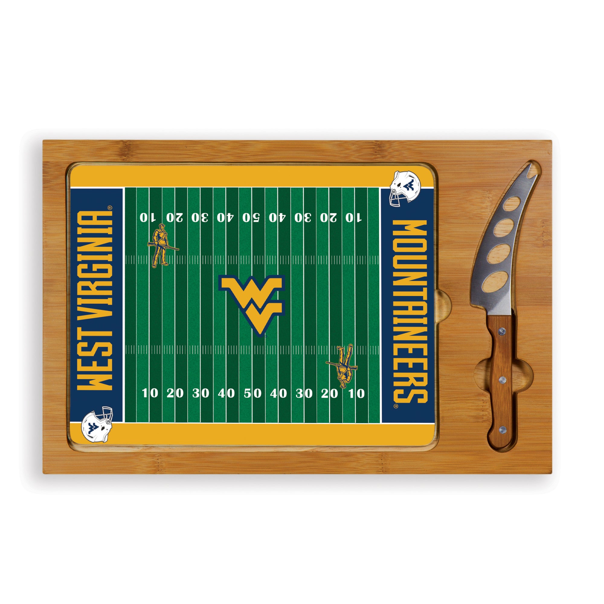 West Virginia Mountaineers Football Field - Icon Glass Top Cutting Board & Knife Set