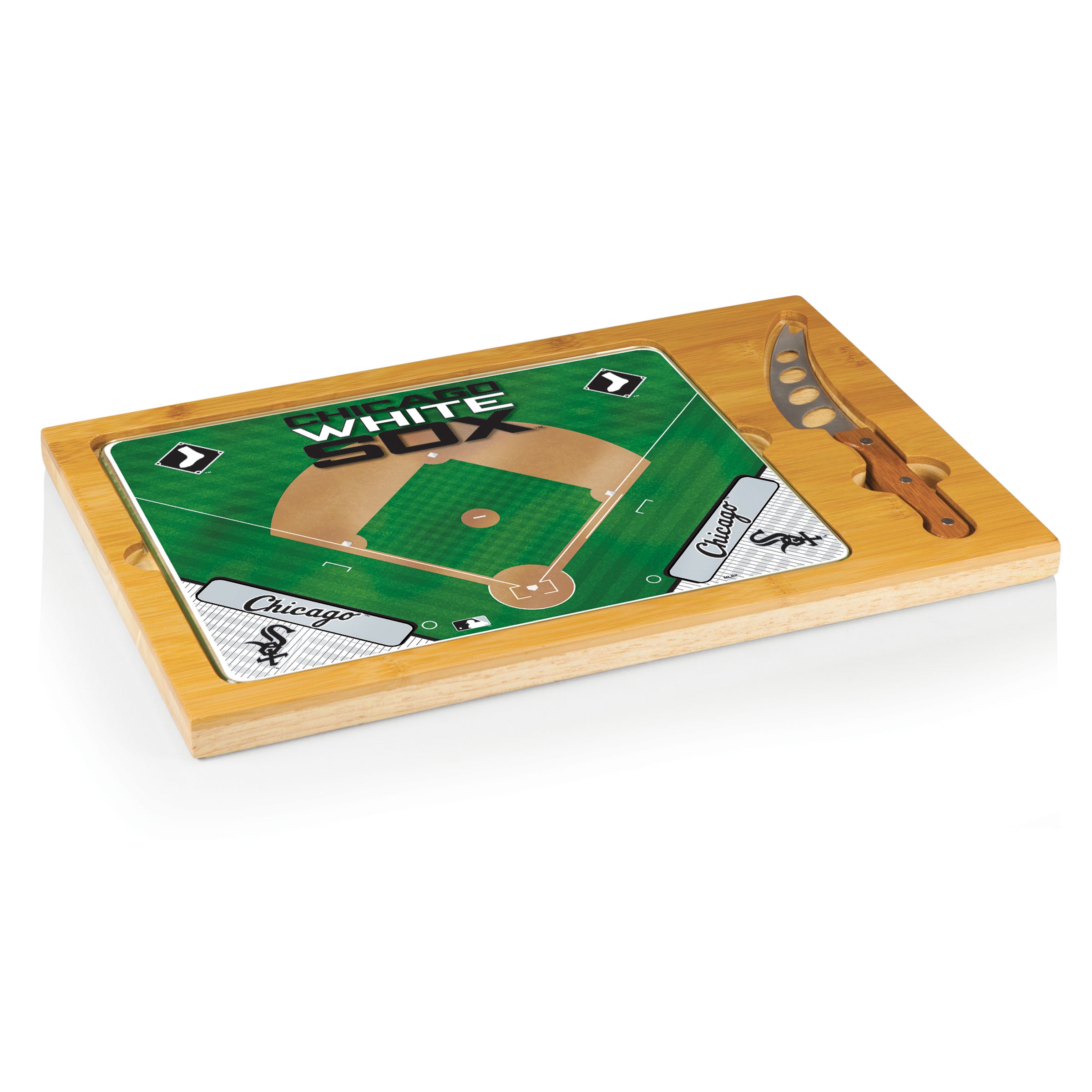 Chicago White Sox Baseball Diamond - Icon Glass Top Cutting Board & Knife Set