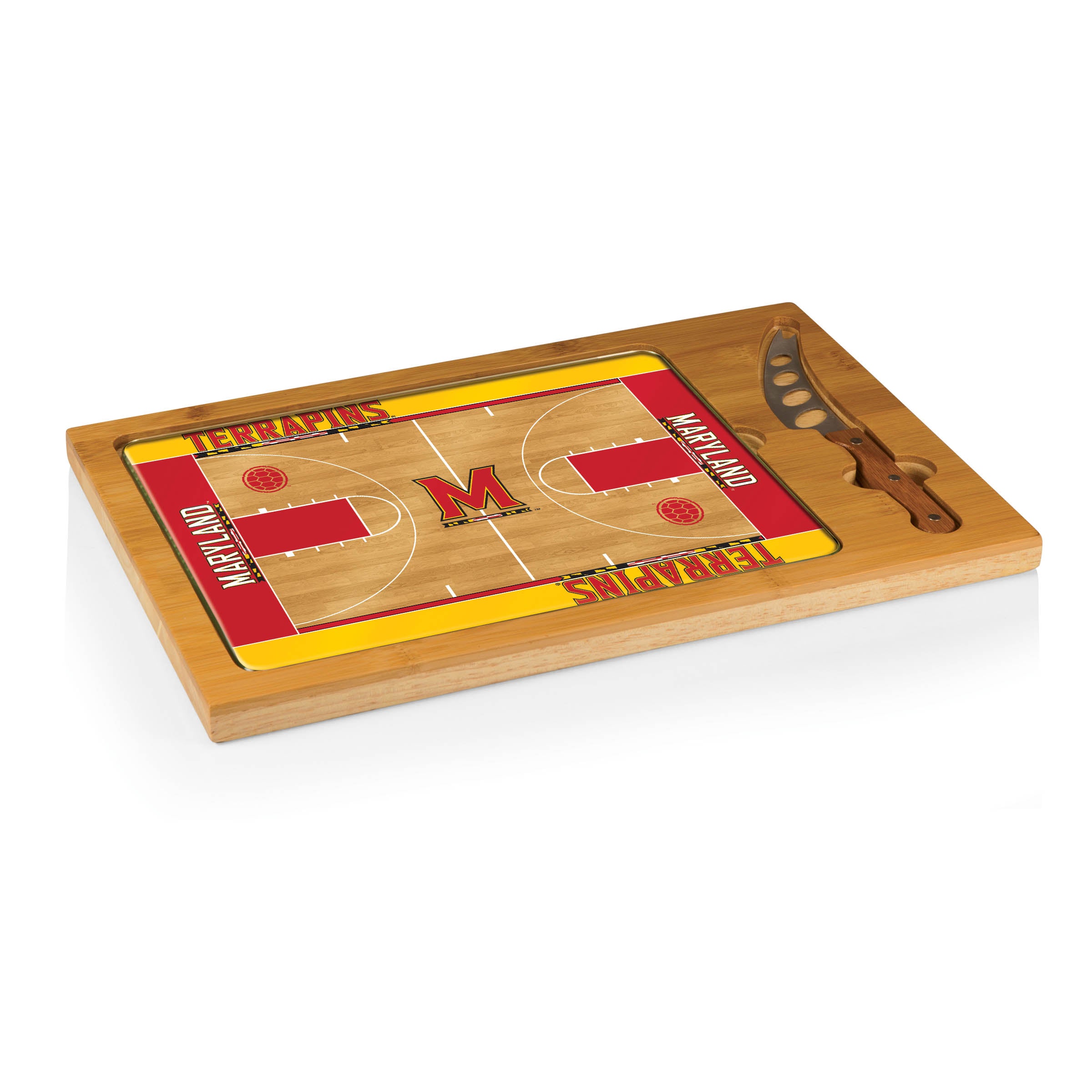 Maryland Terrapins Basketball Court - Icon Glass Top Cutting Board & Knife Set