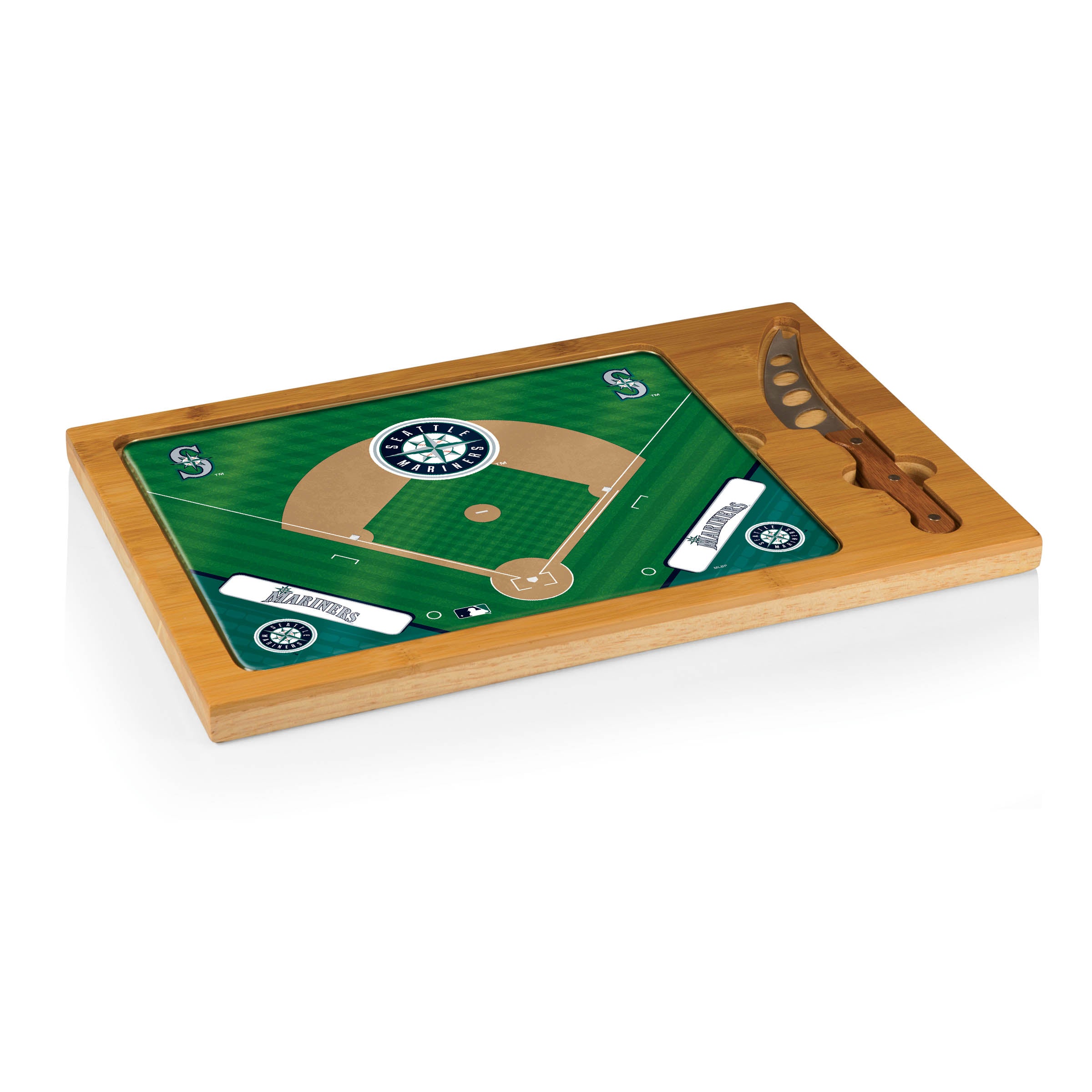 Seattle Mariners Baseball Diamond - Icon Glass Top Cutting Board & Knife Set