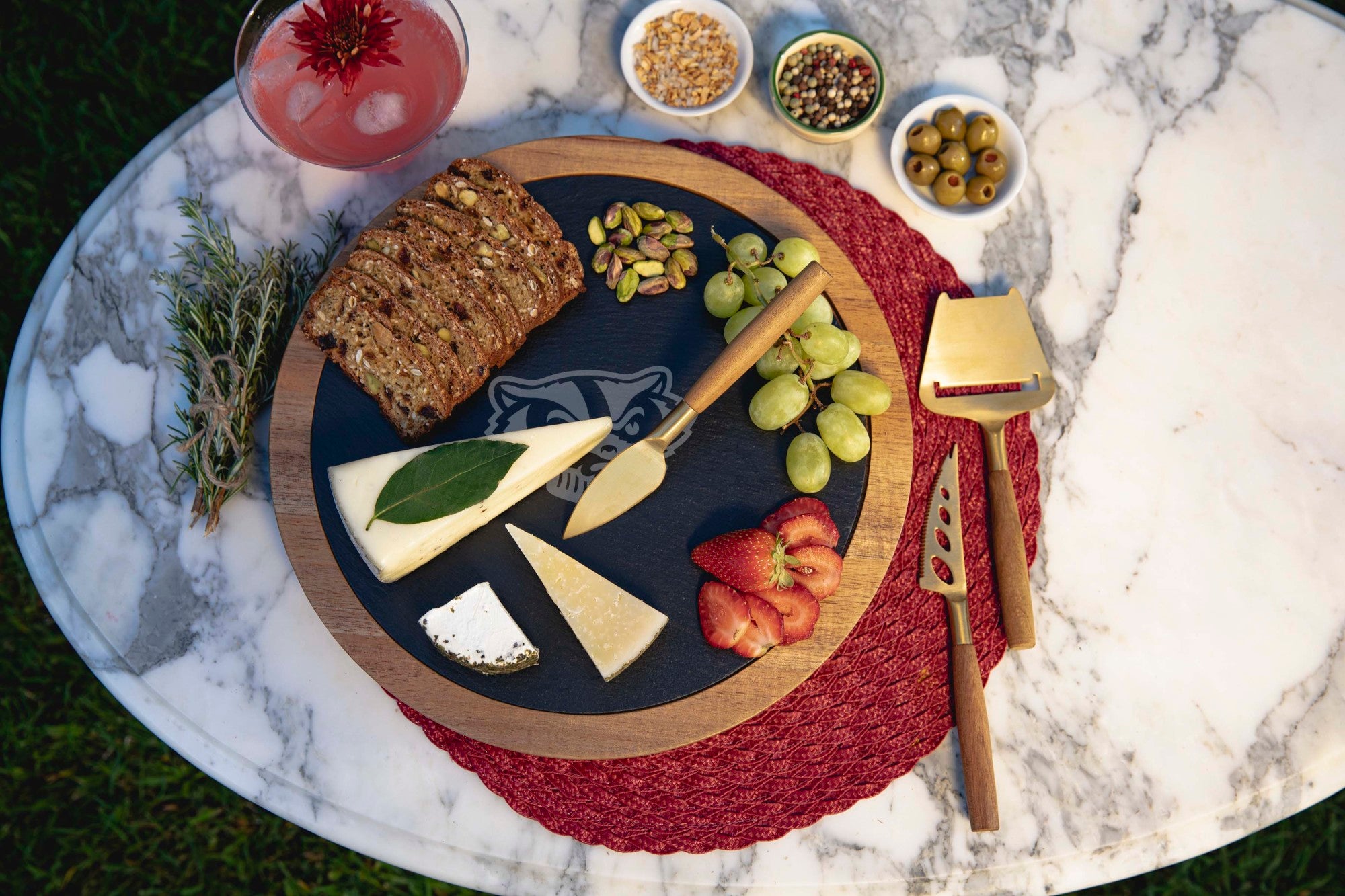Wisconsin Badgers - Insignia Acacia and Slate Serving Board with Cheese Tools