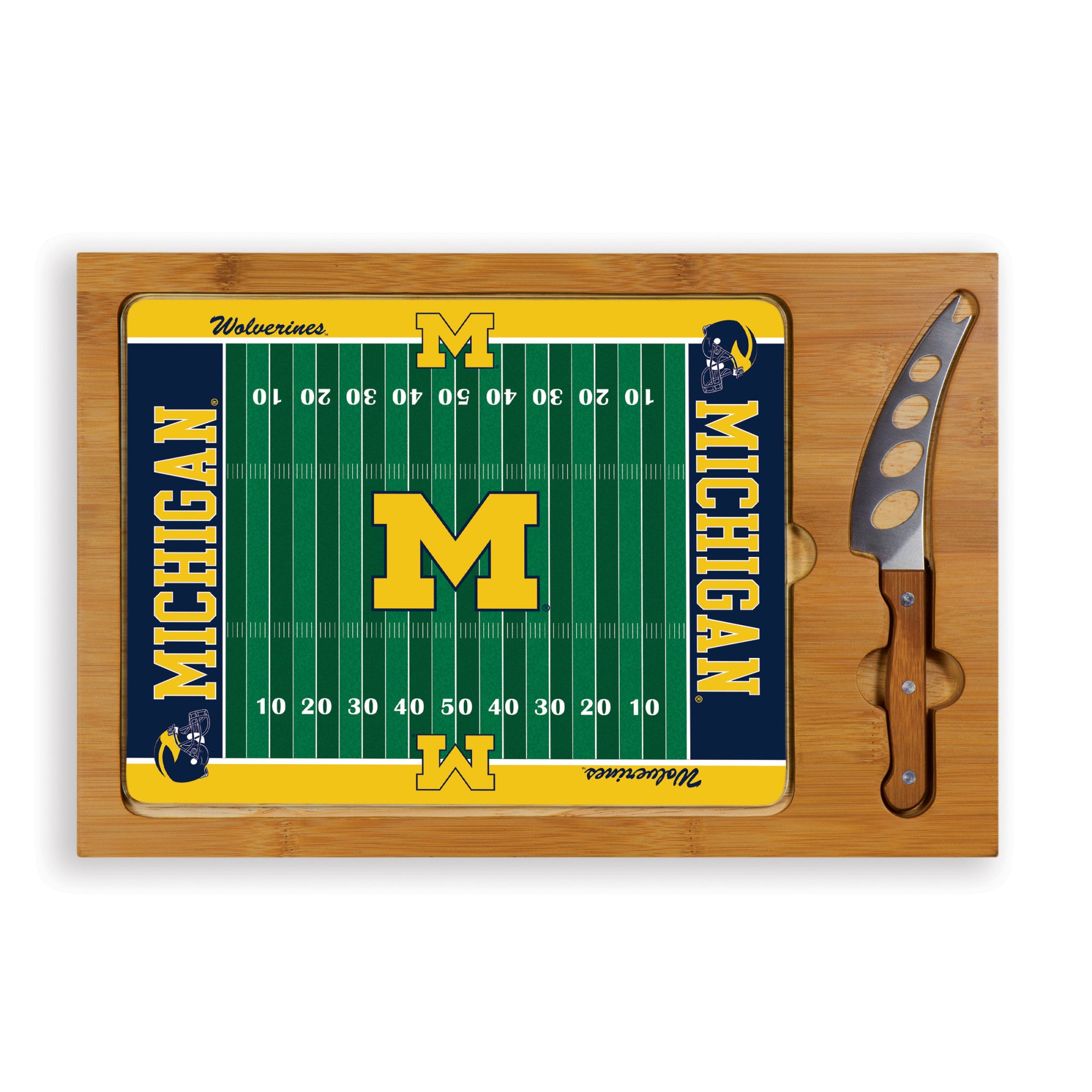 Michigan Wolverines Football Field - Icon Glass Top Cutting Board & Knife Set