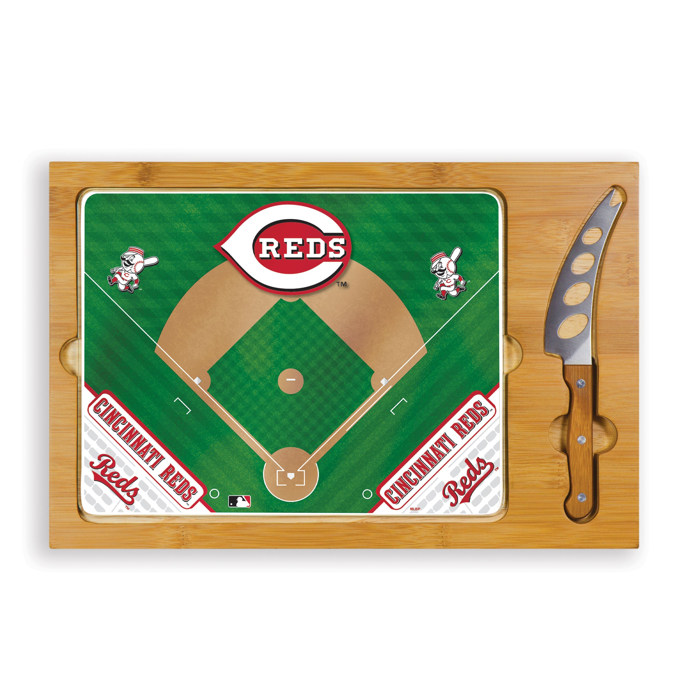 Cincinnati Reds Baseball Diamond - Icon Glass Top Cutting Board & Knife Set