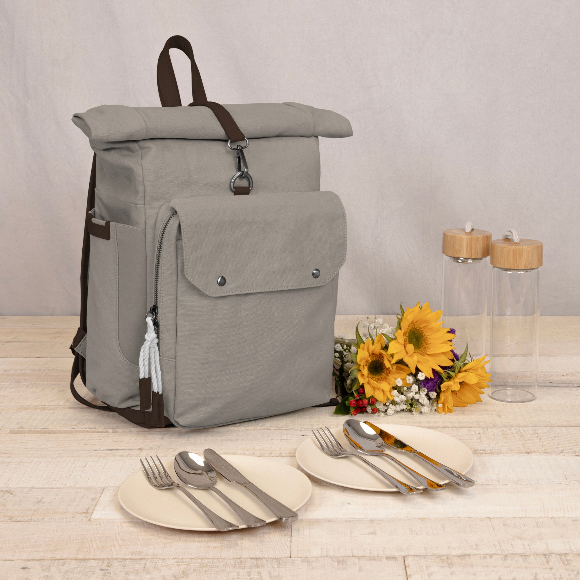 Mini Pinic Backpack Carmel Roll Top Picnic Backpack Cooler with Utensil Set & Glass Water ...