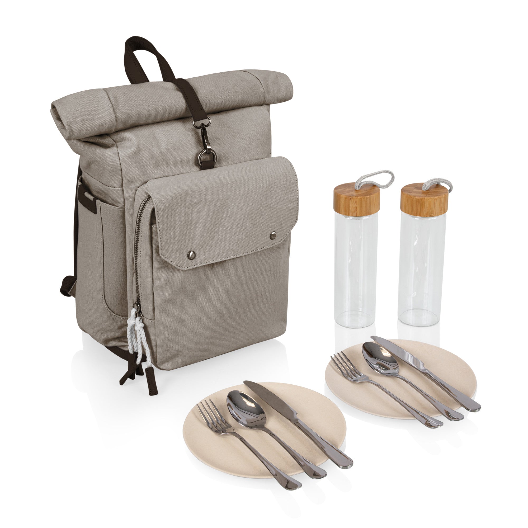 Carmel Roll Top Picnic Backpack Cooler with Utensil Set & Glass Water Bottles
