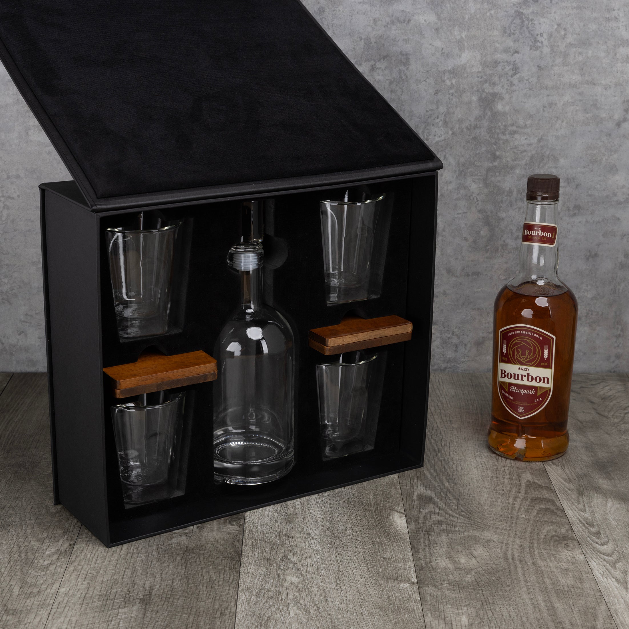 Ambassador Whiskey Box with Decanter and 4 Lowball Glasses