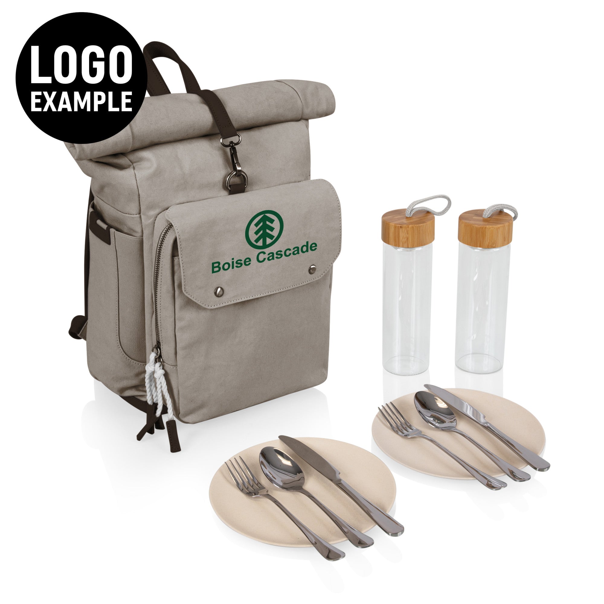 Carmel Roll Top Picnic Backpack Cooler with Utensil Set & Glass Water Bottles