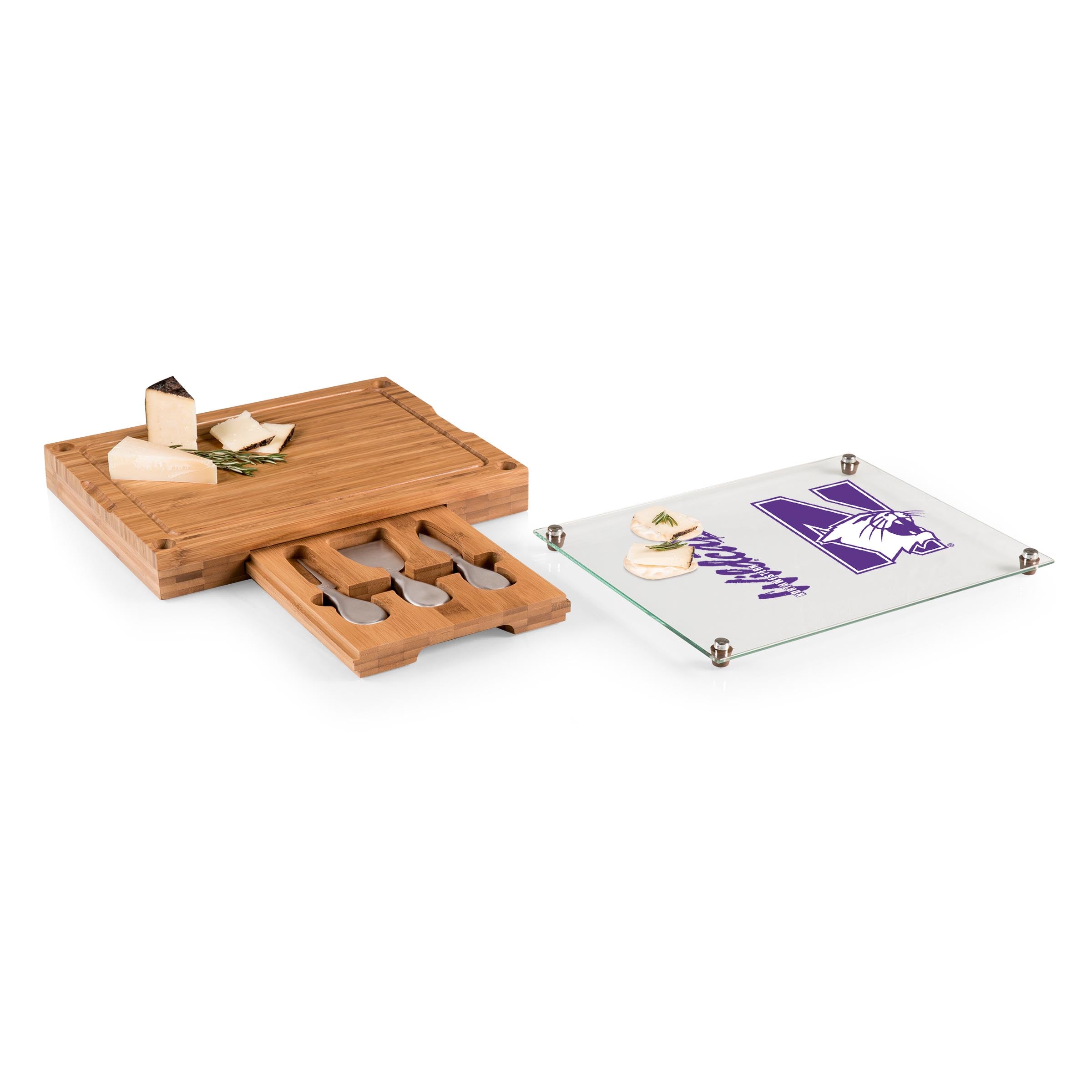 Northwestern Wildcats - Concerto Glass Top Cheese Cutting Board & Tools Set