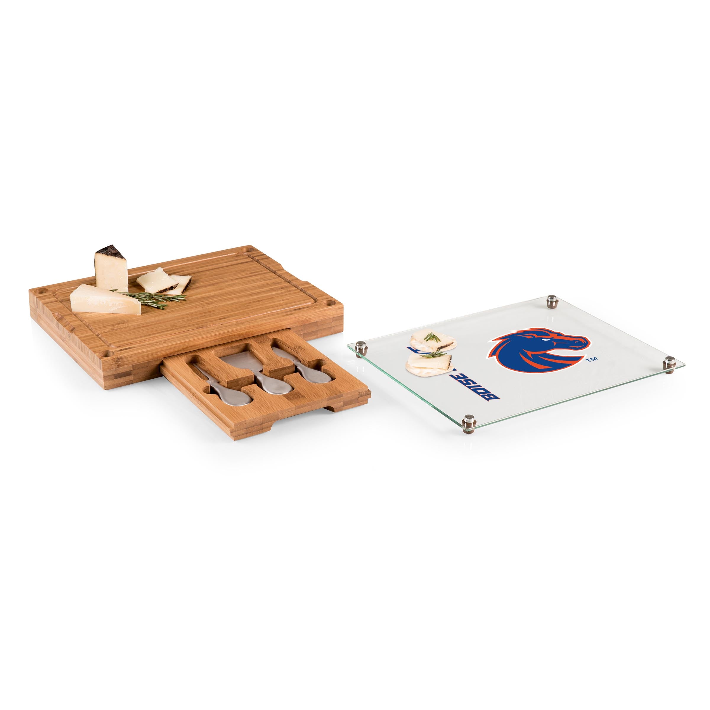 Boise State Broncos - Concerto Glass Top Cheese Cutting Board & Tools Set